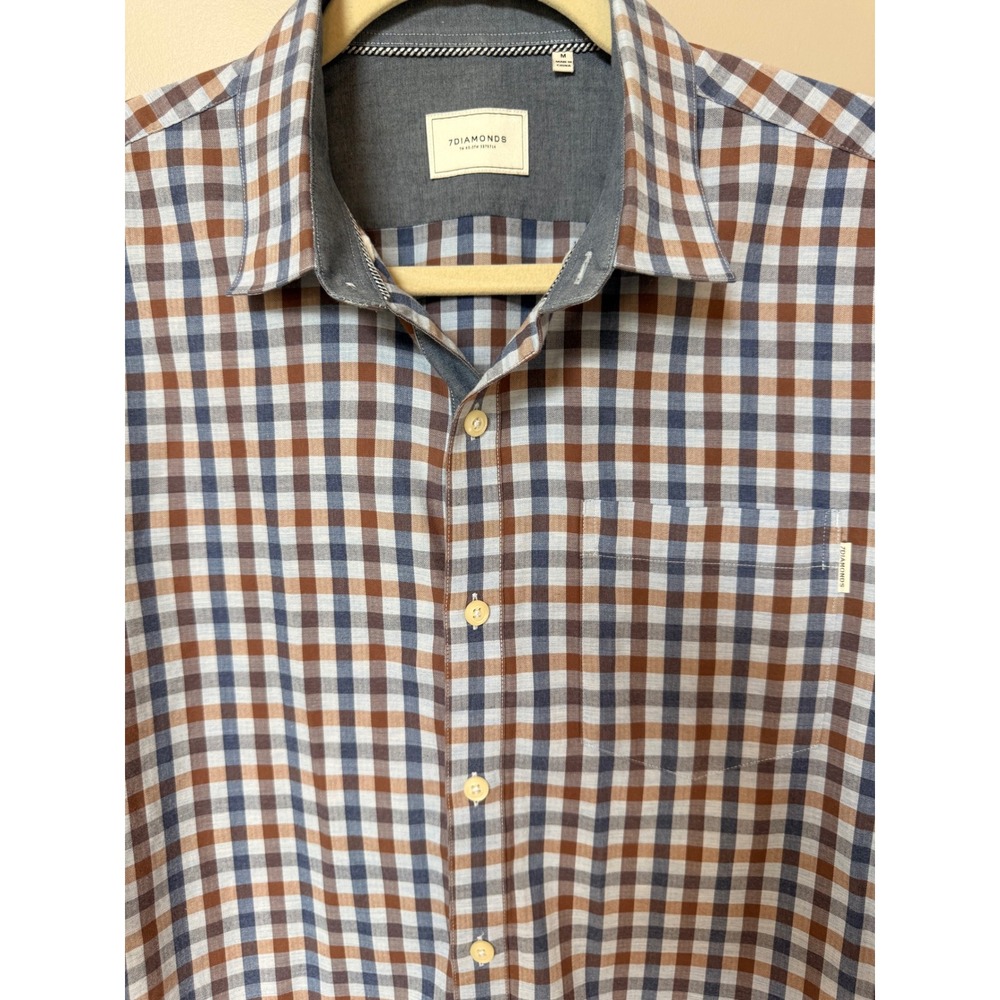 7Diamonds Mens New Order Gingham Check Herringbone Shirt Blue Brown SMKC-5956 M